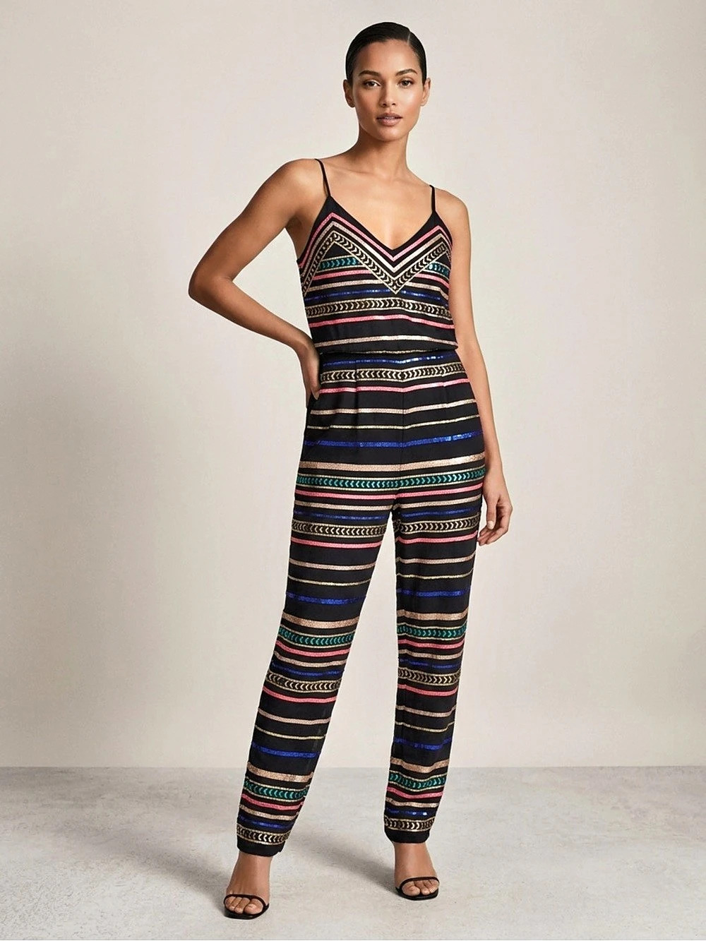 Mara Hoffman Sequin Striped Jumpsuit in Black & Multicolor Size Medium